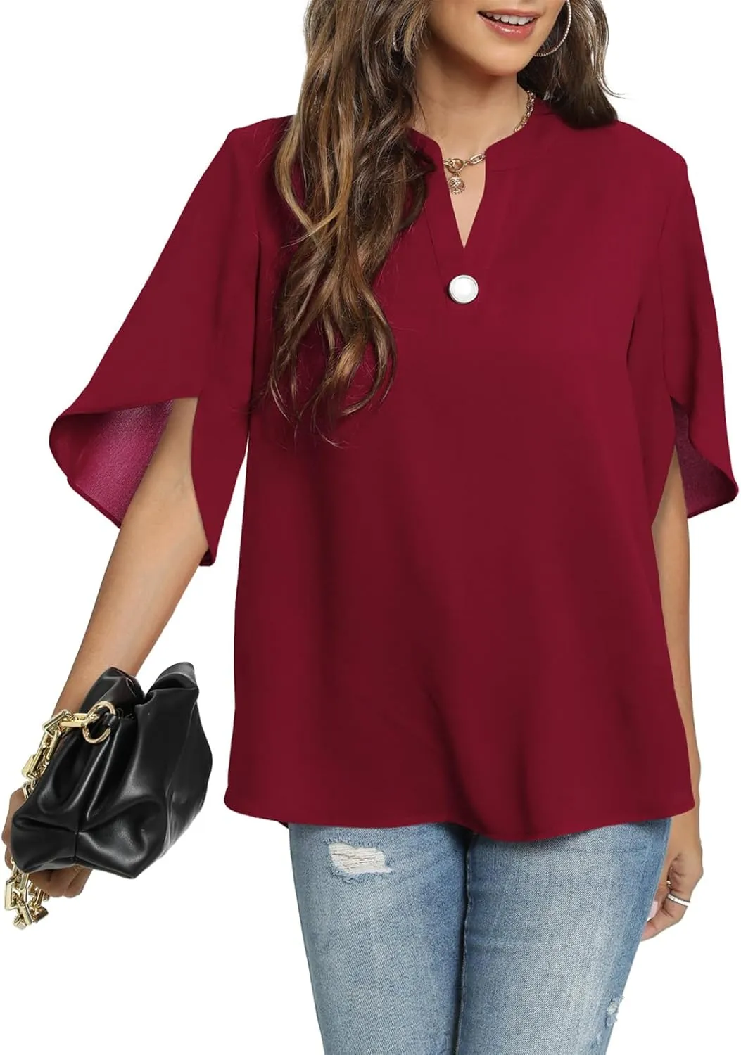 Funlingo Women's Summer Tops Short Sleeve Casual Shirts V Neck Chiffon Dressy Blouse Tops