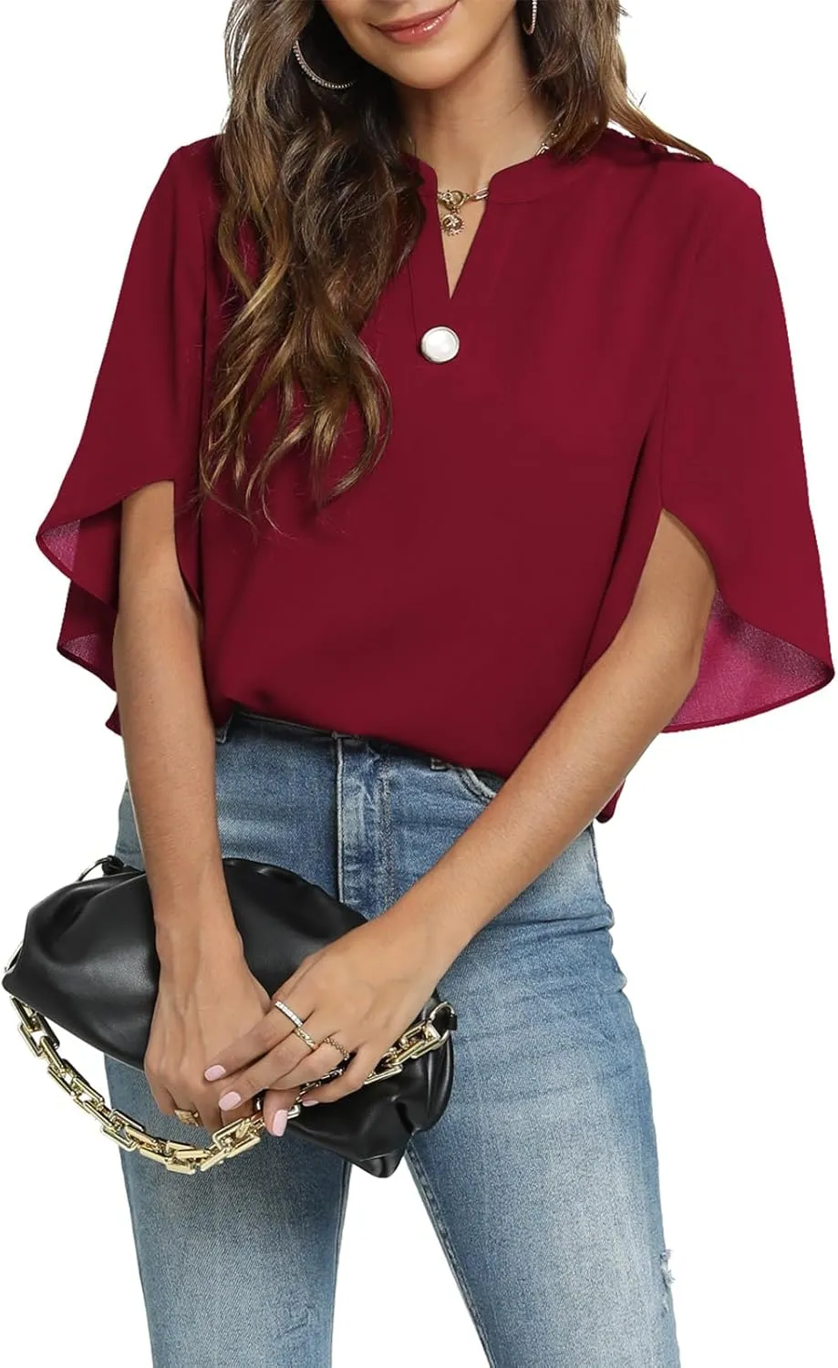 Funlingo Women's Summer Tops Short Sleeve Casual Shirts V Neck Chiffon Dressy Blouse Tops