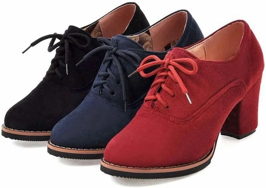 Generic Women’s Block Heel Pumps Comfort Oxfords Shoes Suede Lace up Dress Shoes Chunky Mid Heels Ankle Boots
