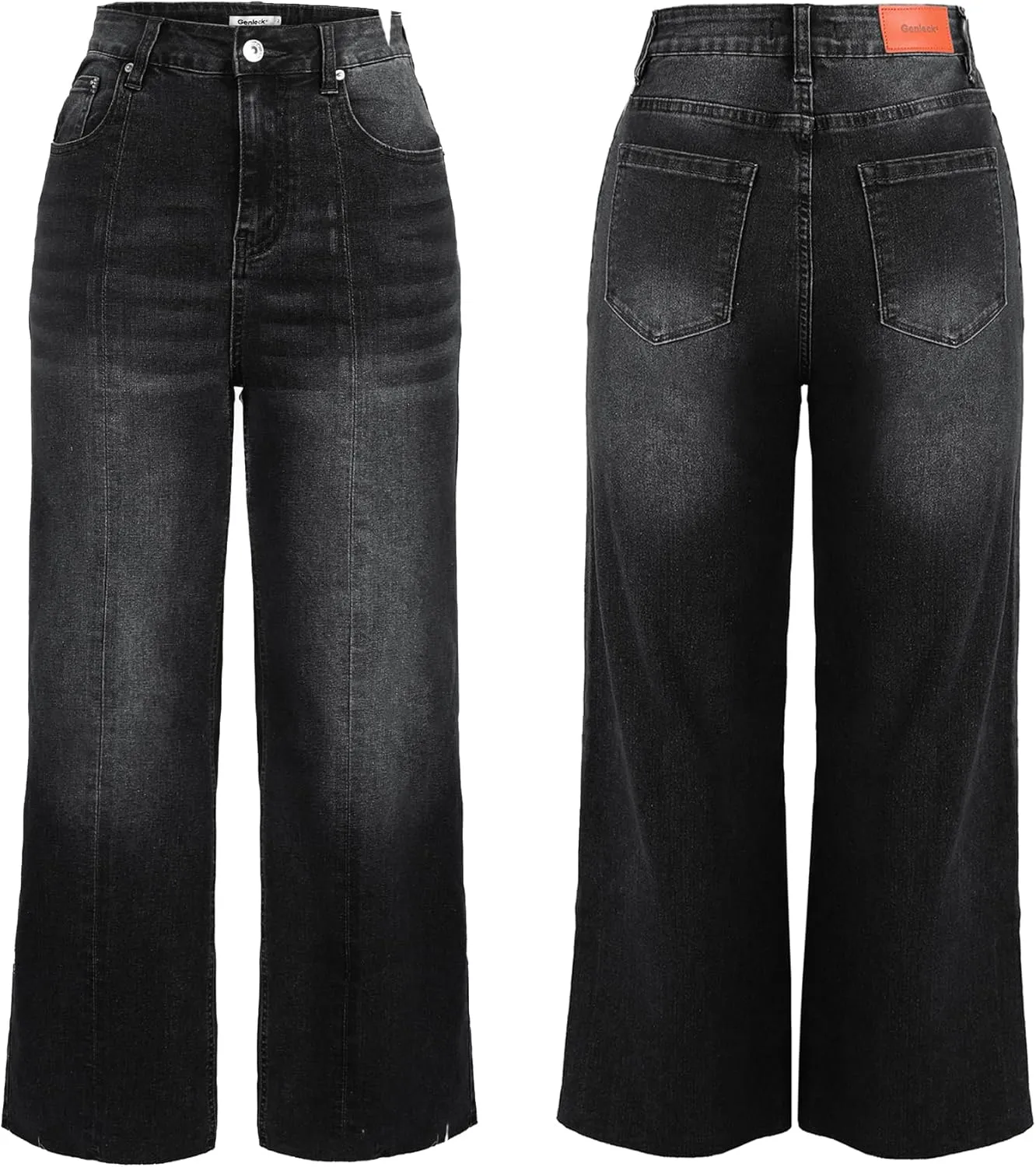 Genleck Women's Wide Leg Jeans - Cropped Jeans High Waisted Seamed Front Raw Hem Denim Pants Trendy Stretchy Baggy Jeans