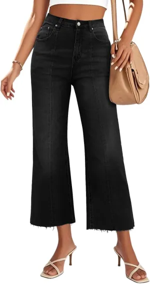 Genleck Women's Wide Leg Jeans - Cropped Jeans High Waisted Seamed Front Raw Hem Denim Pants Trendy Stretchy Baggy Jeans