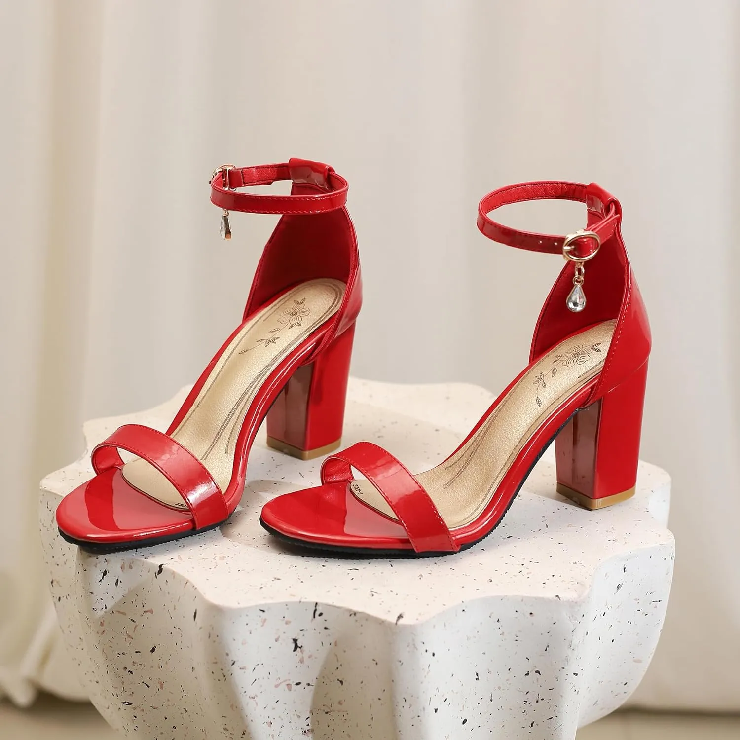 Gicoiz Women Simple Block High Heels Ankle Strap Sandals Suede Patent