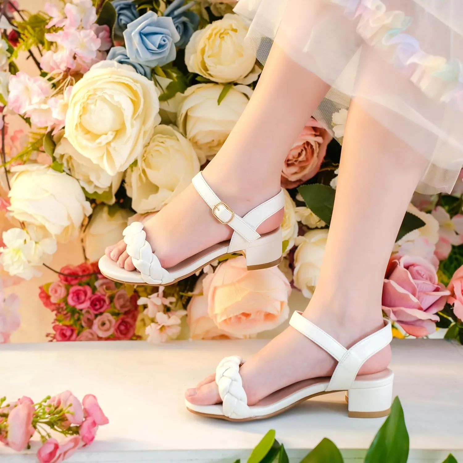 Girls Sandals Kids Heels Open Toe Ankle Strap Dress Shoes Flower Wedding Party for Toddler Little Big Kid