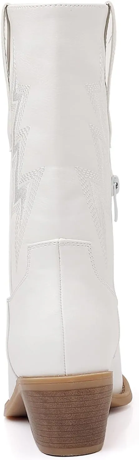 GLOBALWIN Women's Mid Calf Western Cowboy Cowgirl Pointed Toe Boots With Chunky Low Heels