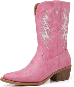 GLOBALWIN Women's Mid Calf Western Cowboy Cowgirl Pointed Toe Boots With Chunky Low Heels
