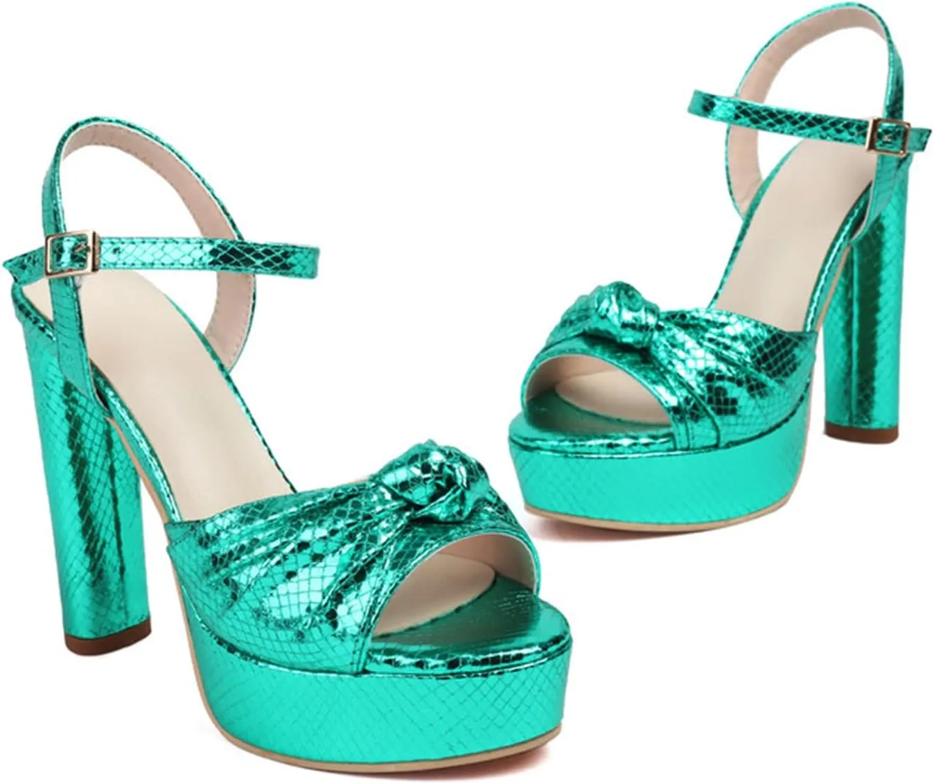 Goolita Bow Metallic Platform Heels for Women Chunky Buckle Ankle Strap Heeled Sandals Sexy Snakeskin Comfortable Party Bridal Shoes