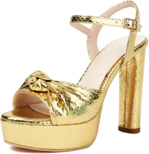 Goolita Bow Metallic Platform Heels for Women Chunky Buckle Ankle Strap Heeled Sandals Sexy Snakeskin Comfortable Party Bridal Shoes