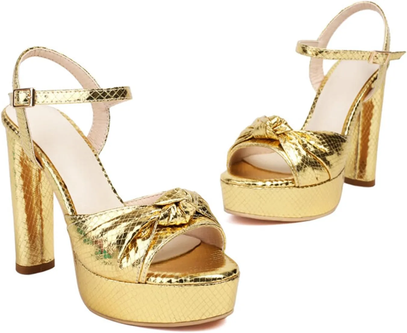 Goolita Bow Metallic Platform Heels for Women Chunky Buckle Ankle Strap Heeled Sandals Sexy Snakeskin Comfortable Party Bridal Shoes