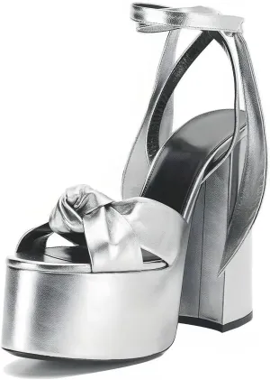 Goolita Metallic Lace Up Chunky Heel Platform Heels For Women Open Toe Slingback Ankle Strap Heeled Sandals Bow Sexy Fashion Evening Party Shoes