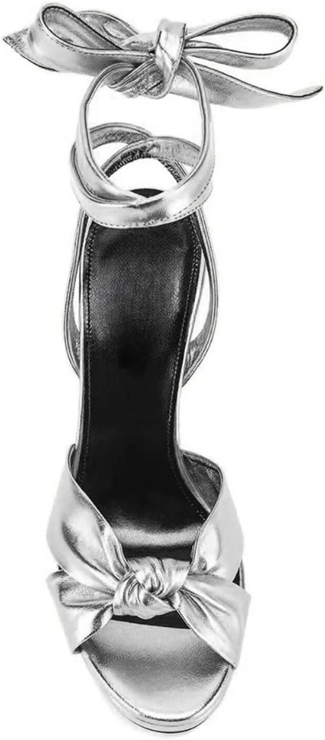 Goolita Metallic Lace Up Chunky Heel Platform Heels For Women Open Toe Slingback Ankle Strap Heeled Sandals Bow Sexy Fashion Evening Party Shoes
