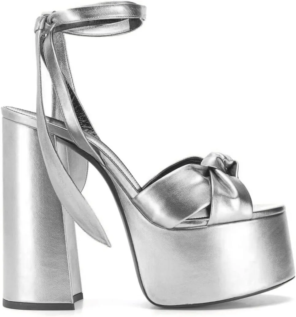 Goolita Metallic Lace Up Chunky Heel Platform Heels For Women Open Toe Slingback Ankle Strap Heeled Sandals Bow Sexy Fashion Evening Party Shoes