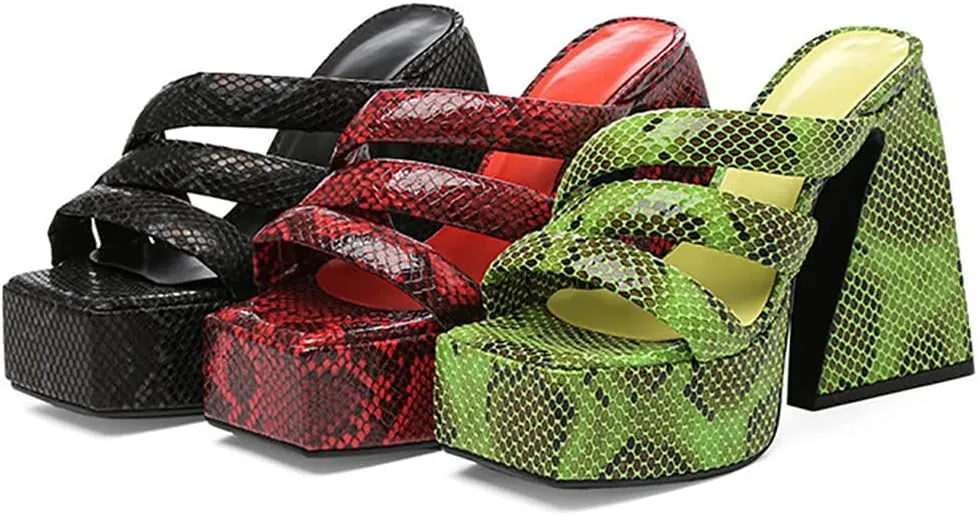 Goolita Summer Chunky Heel Platform Sandals For Women Snakeskin Square Toe Heeled Sandals Slip on Sexy Backless Mule Heeled Slides