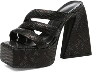 Goolita Summer Chunky Heel Platform Sandals For Women Snakeskin Square Toe Heeled Sandals Slip on Sexy Backless Mule Heeled Slides