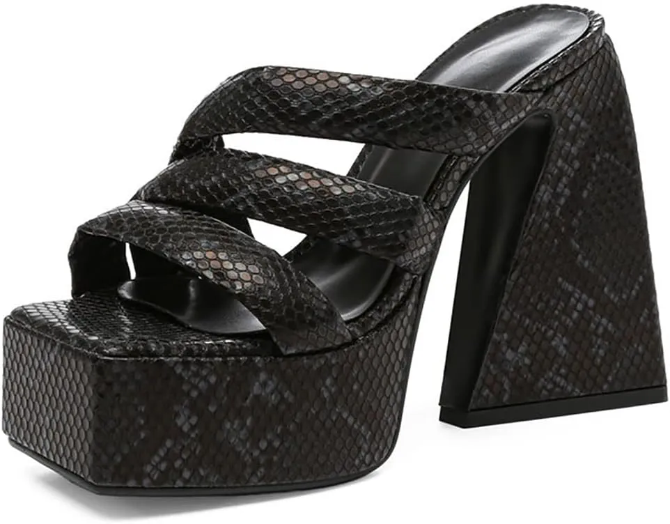 Goolita Summer Chunky Heel Platform Sandals For Women Snakeskin Square Toe Heeled Sandals Slip on Sexy Backless Mule Heeled Slides