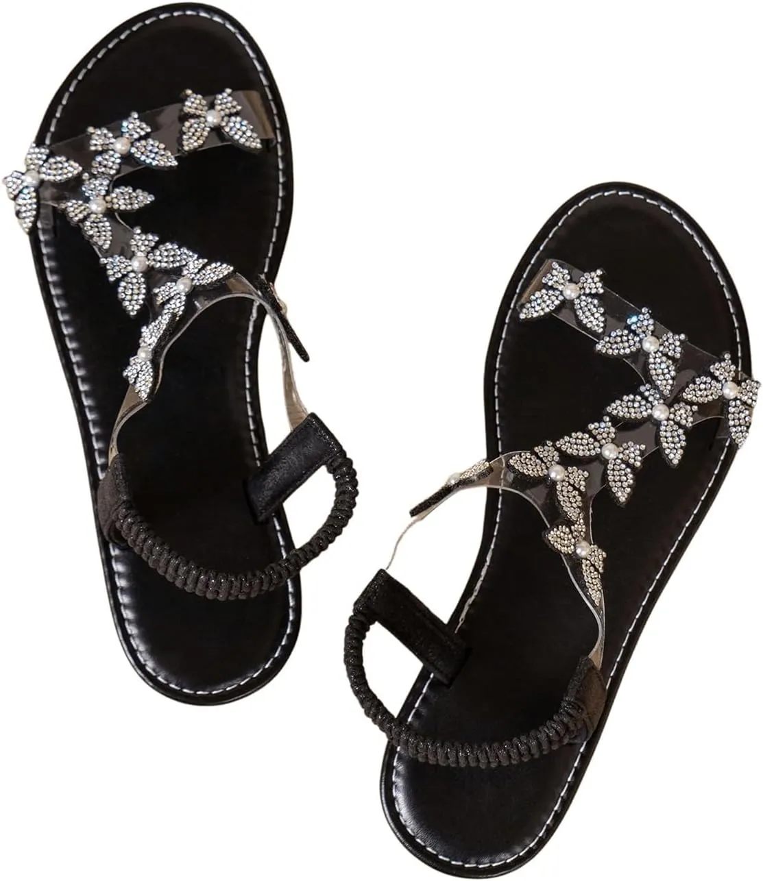 GORGLITTER Women's Butterfly Strappy Clear Glitter Ankle Sandals Dressy 2025 Cute Summer Wedding Bridal Flats Sandal