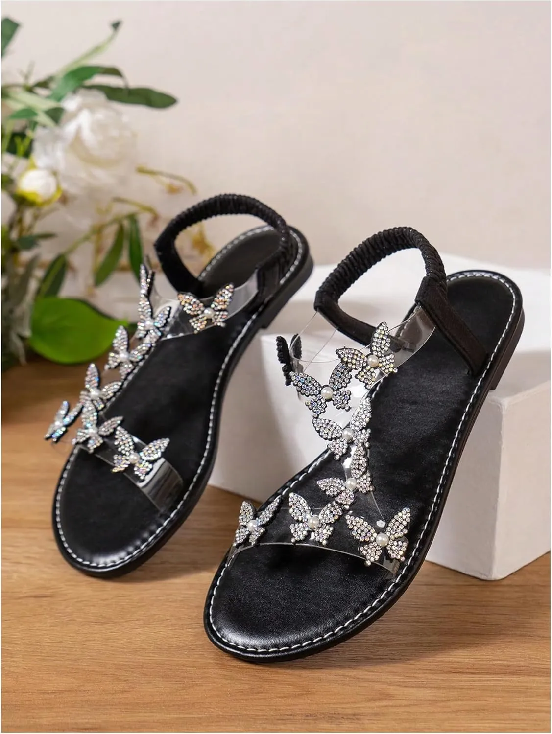 GORGLITTER Women's Butterfly Strappy Clear Glitter Ankle Sandals Dressy 2025 Cute Summer Wedding Bridal Flats Sandal