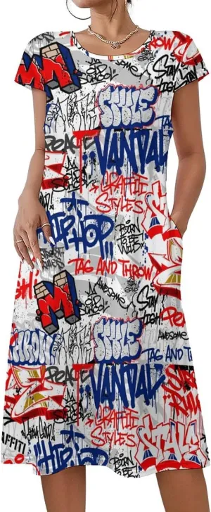 Graffiti Art with Urban Theme Women's Summer Short Sleeve Casual Simple T-Shirt Loose Dress with Pockets