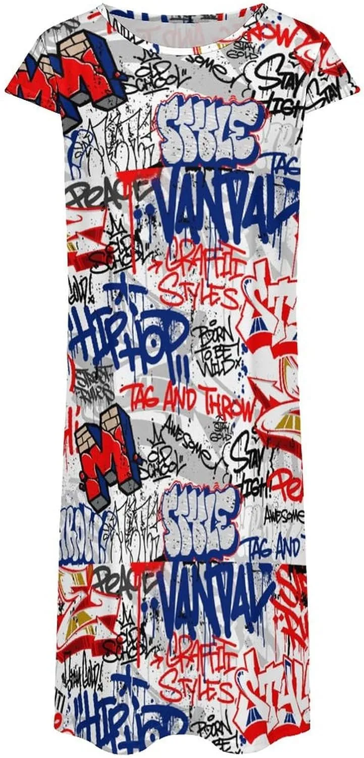 Graffiti Art with Urban Theme Women's Summer Short Sleeve Casual Simple T-Shirt Loose Dress with Pockets