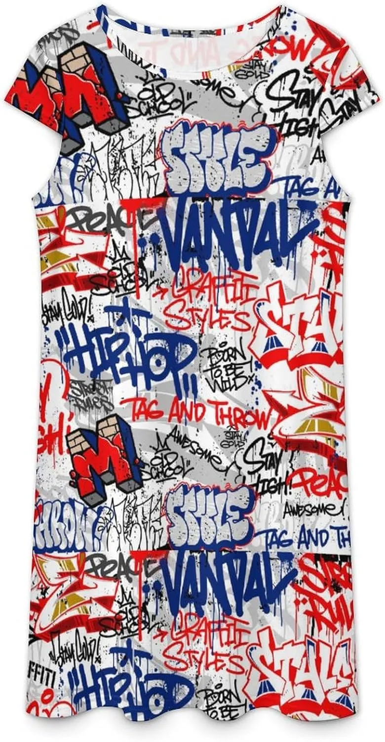 Graffiti Art with Urban Theme Women's Summer Short Sleeve Casual Simple T-Shirt Loose Dress with Pockets