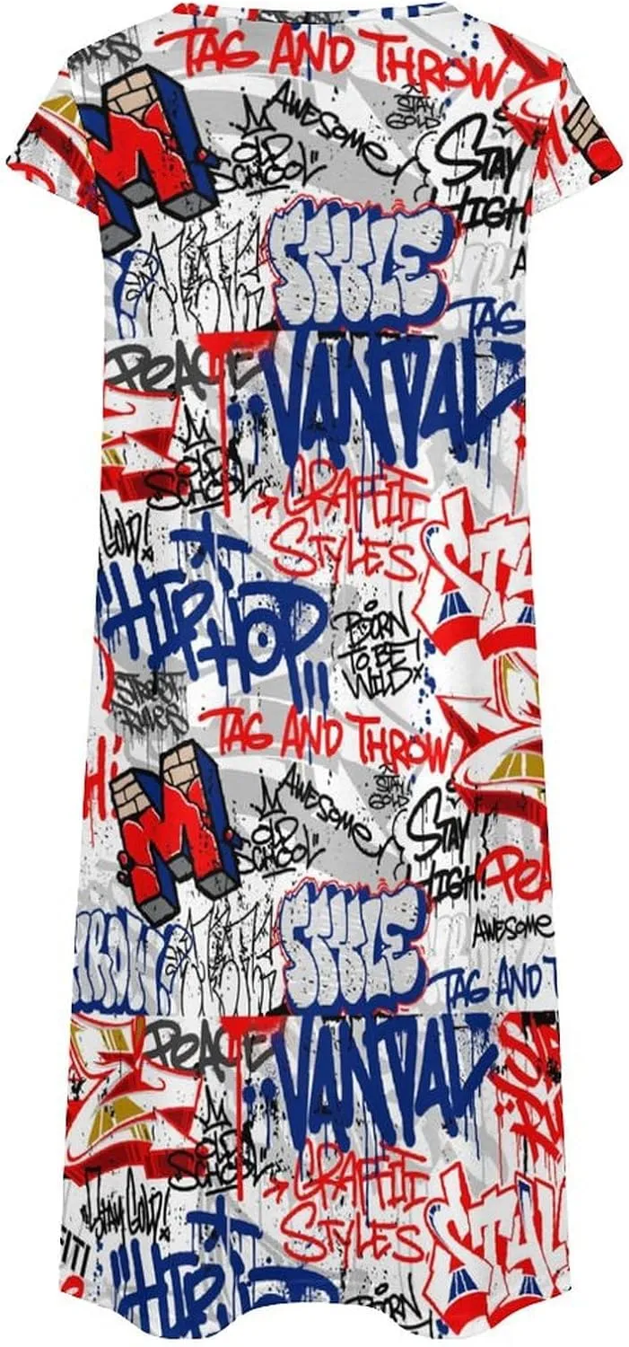 Graffiti Art with Urban Theme Women's Summer Short Sleeve Casual Simple T-Shirt Loose Dress with Pockets