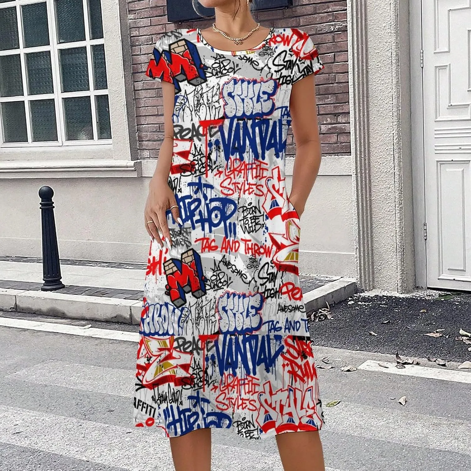 Graffiti Art with Urban Theme Women's Summer Short Sleeve Casual Simple T-Shirt Loose Dress with Pockets