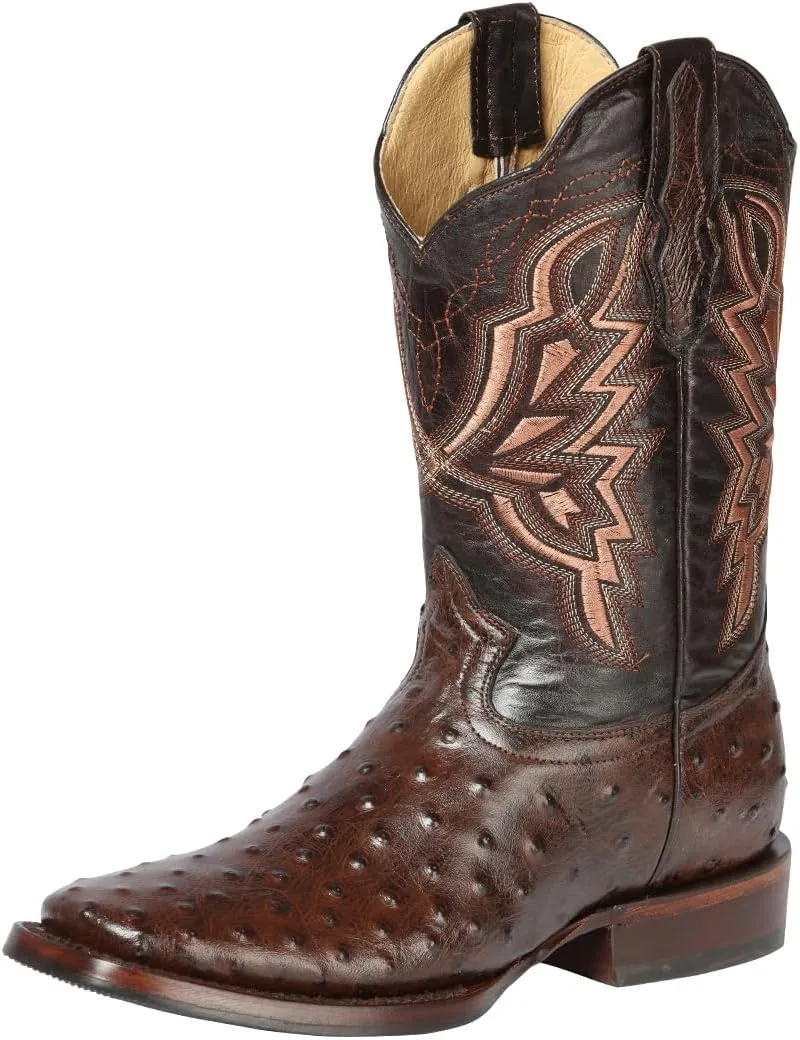 GRAL Mens Genuine Leather Quill Ostrich Print Western Cowboy Square Toe Rodeo Boots.Bota rodeo imitacion avestruz cowboy