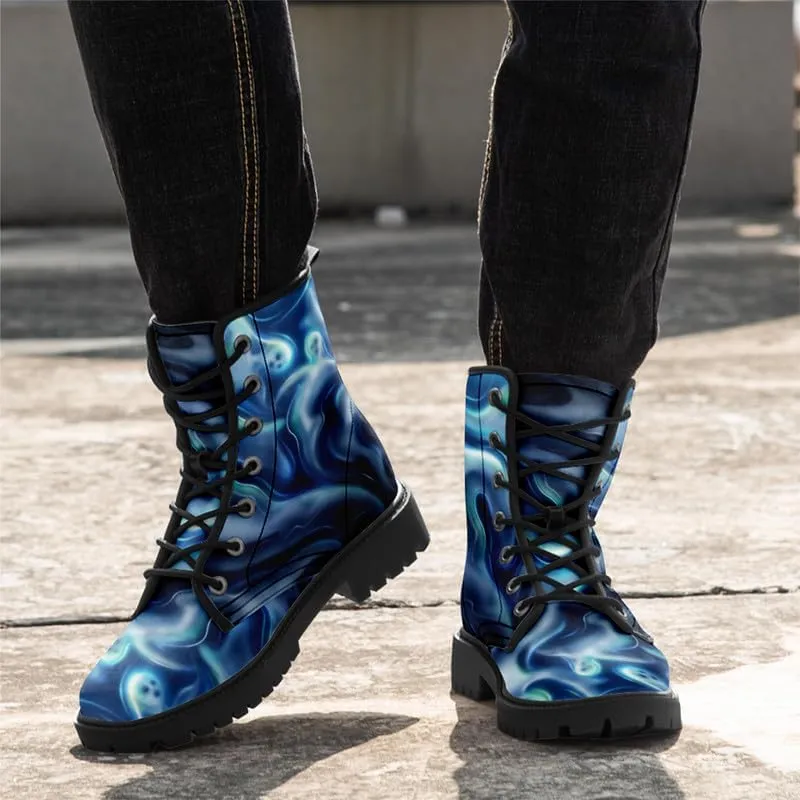 Halloween Gothic Combat Boots, Unisex Skull Platform Motorbike Leather Boots, Fashion Casual Winter Footwear