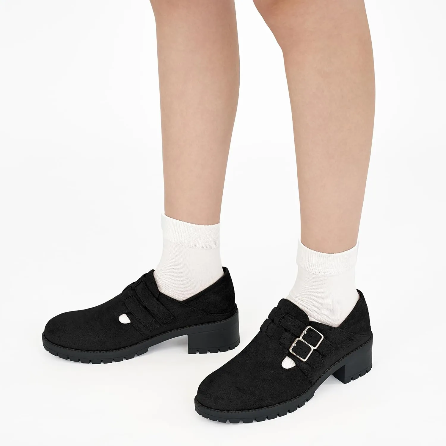 HARENCE Platform Loafers for Women: Casual Round Toe Suede Chunky Heeled Loafer Comfort Wedge Business Uniform Walking Shoes