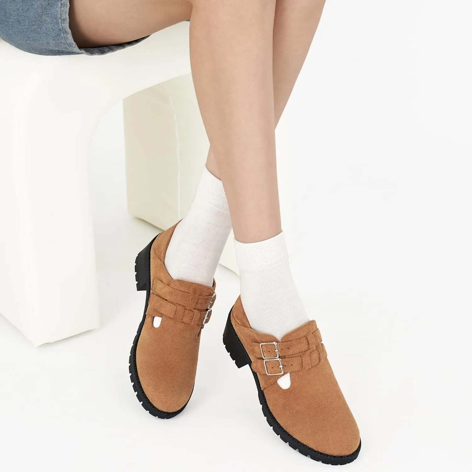 HARENCE Platform Loafers for Women: Casual Round Toe Suede Chunky Heeled Loafer Comfort Wedge Business Uniform Walking Shoes