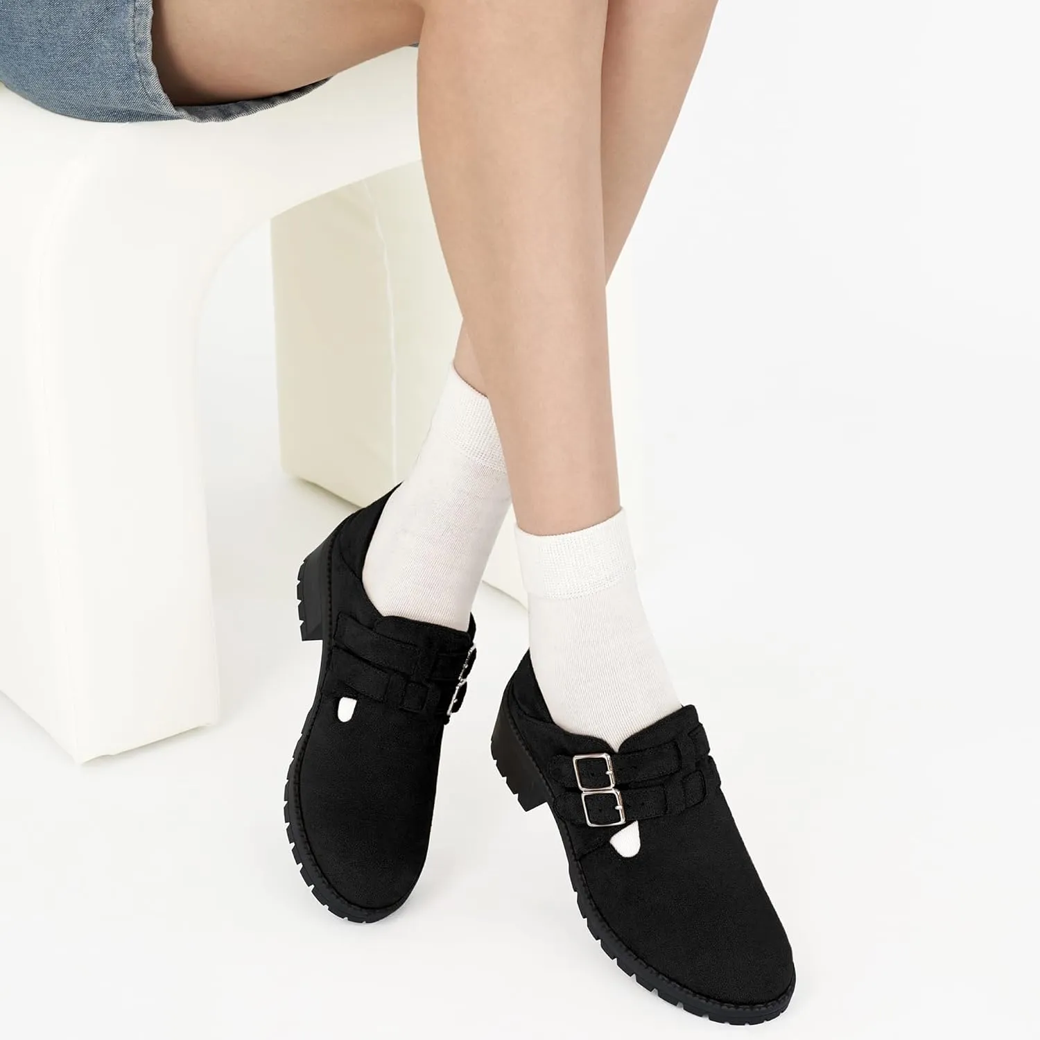 HARENCE Platform Loafers for Women: Casual Round Toe Suede Chunky Heeled Loafer Comfort Wedge Business Uniform Walking Shoes