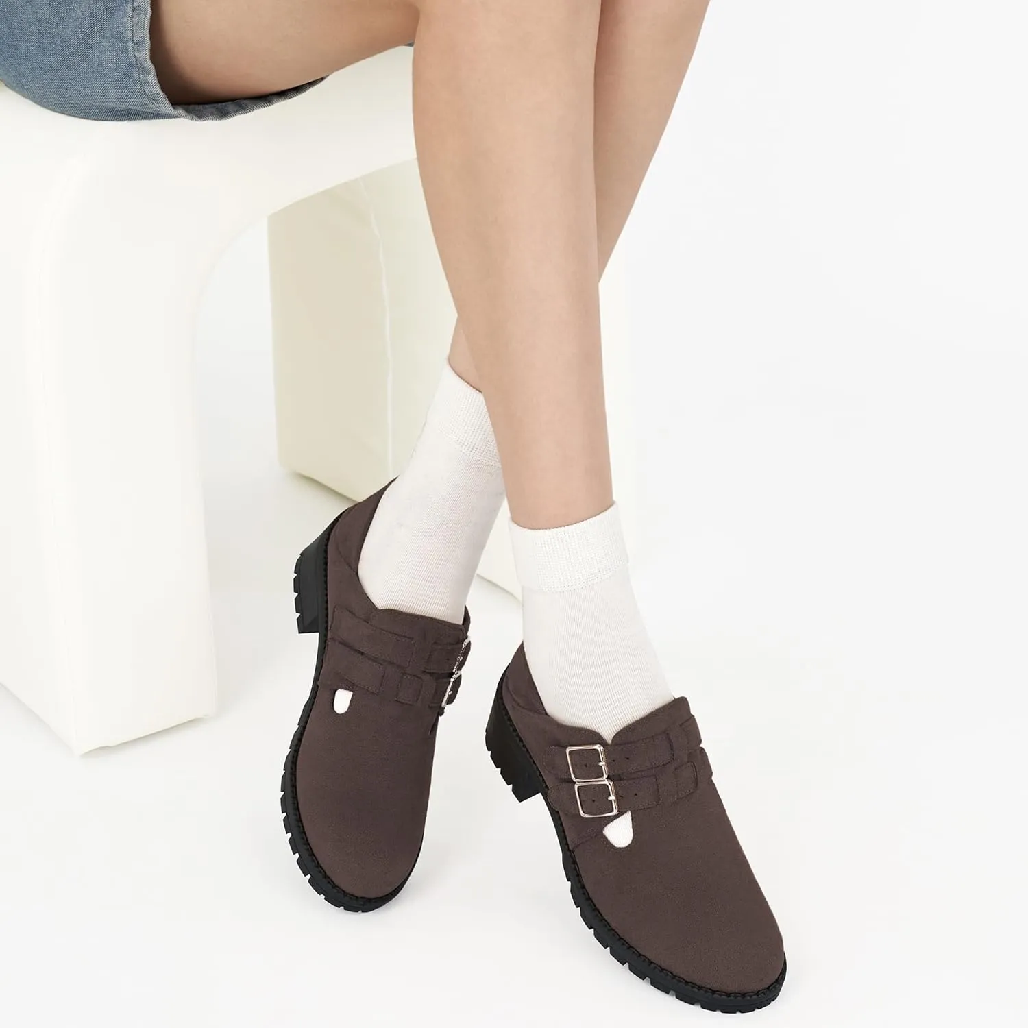HARENCE Platform Loafers for Women: Casual Round Toe Suede Chunky Heeled Loafer Comfort Wedge Business Uniform Walking Shoes