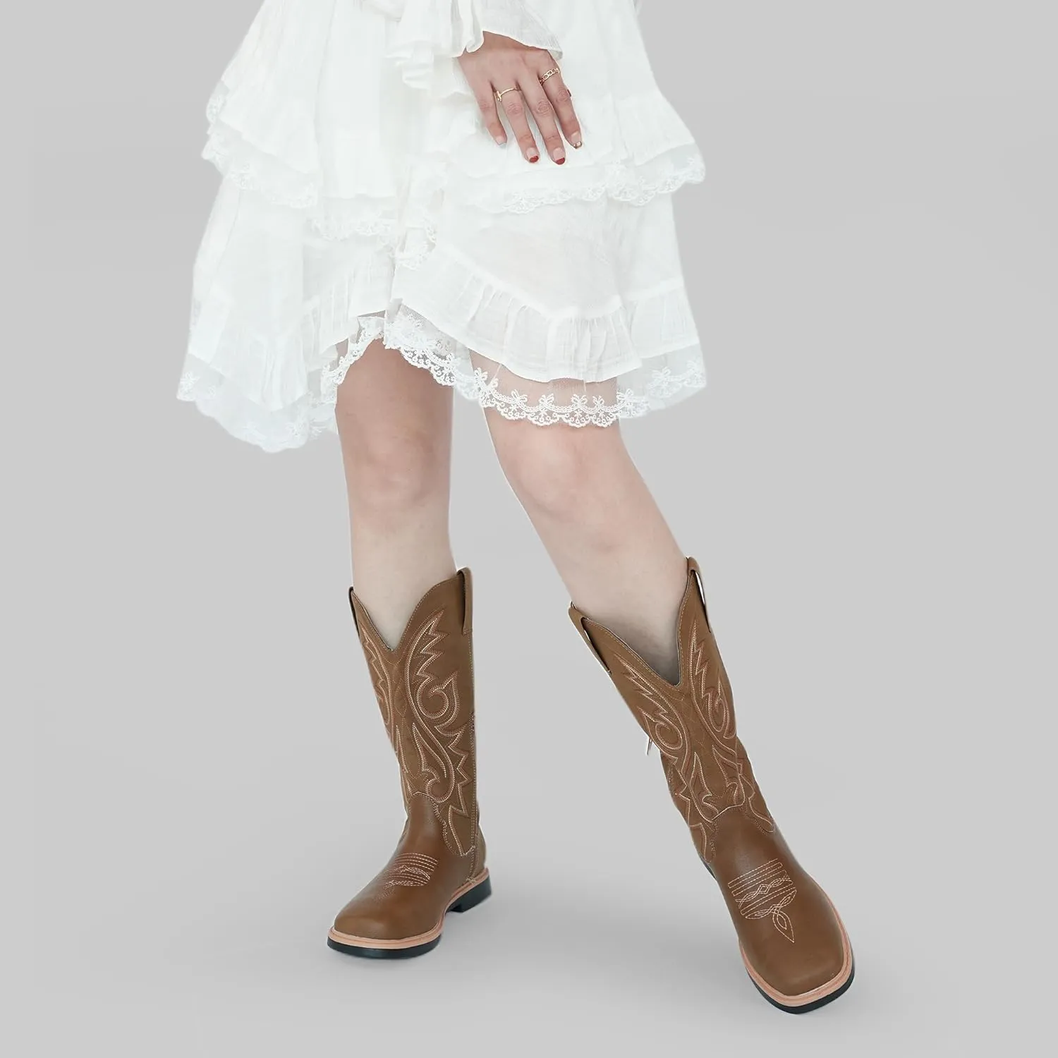 Hawkwell Women's Cowboy Cowgirl Boots Square Toe Side Zipper Embroidered Low Heel Dress Western Mid Calf Boot