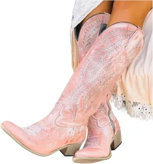 Hbeylia Knee High Western Cowboy Cowgirls Boots For Women Vintage Retro Pointed Toe Chunky Mid Heels Wide Calf Boots With Side Zipper Pink Knight Riding Tall Boots Winter Dress Shoes