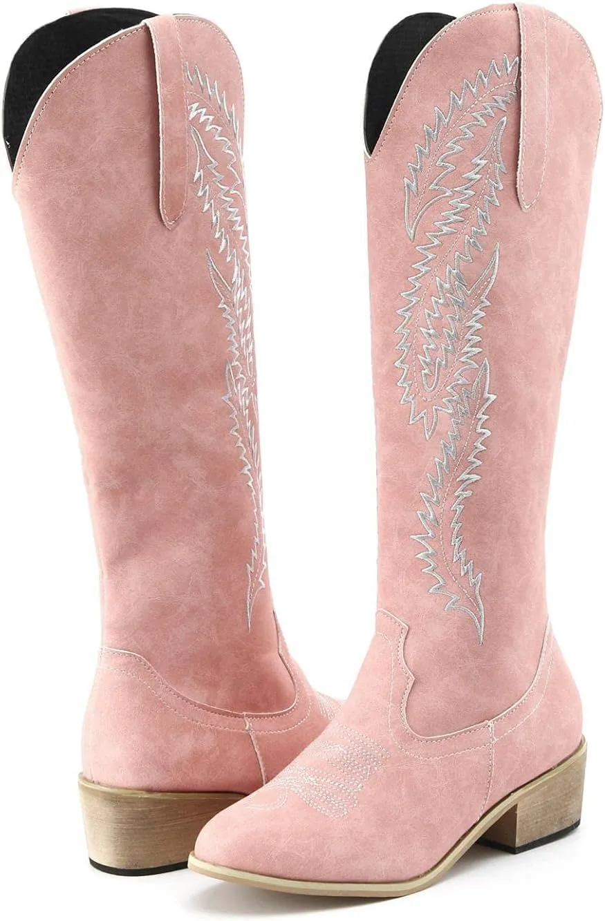 Hbeylia Knee High Western Cowboy Cowgirls Boots For Women Vintage Retro Pointed Toe Chunky Mid Heels Wide Calf Boots With Side Zipper Pink Knight Riding Tall Boots Winter Dress Shoes