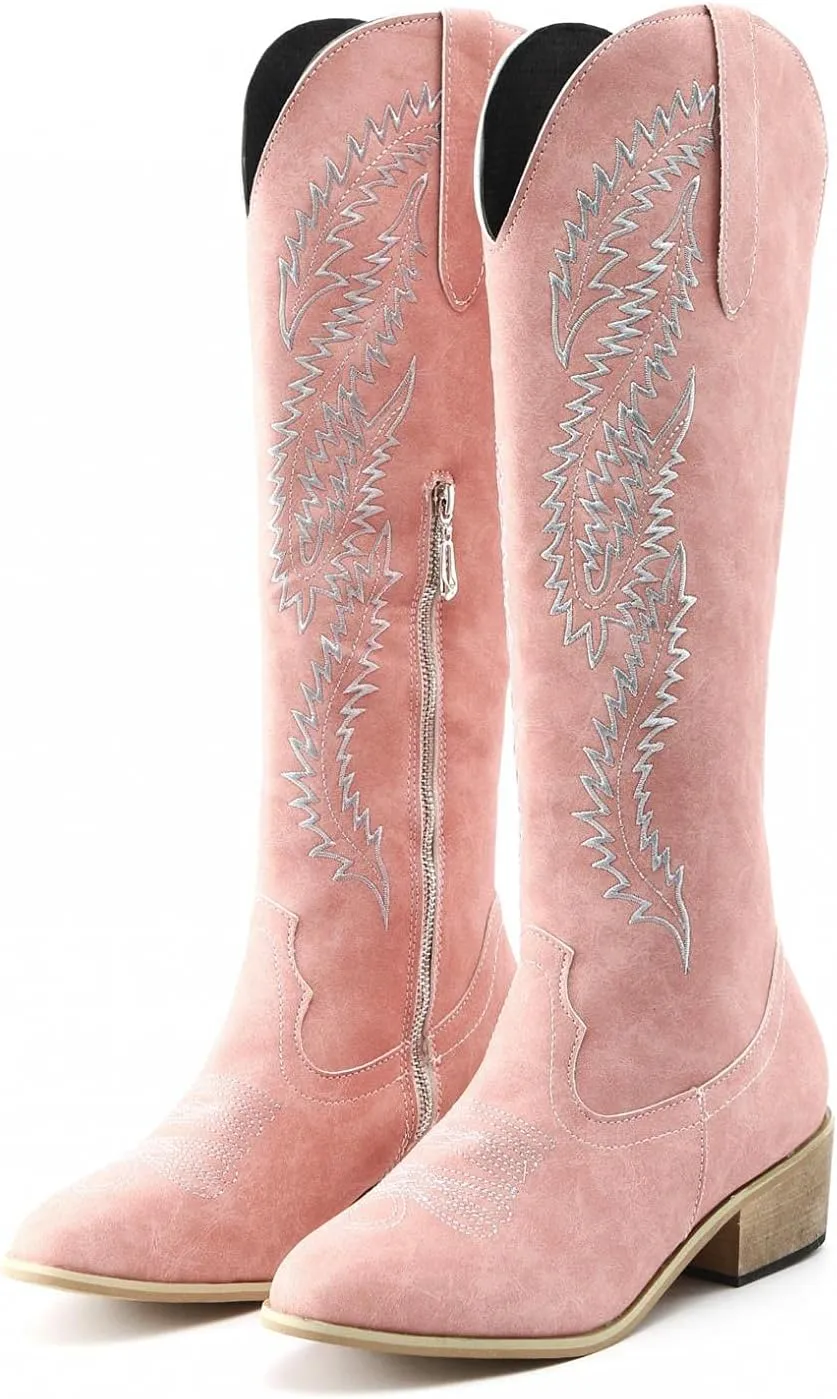 Hbeylia Knee High Western Cowboy Cowgirls Boots For Women Vintage Retro Pointed Toe Chunky Mid Heels Wide Calf Boots With Side Zipper Pink Knight Riding Tall Boots Winter Dress Shoes