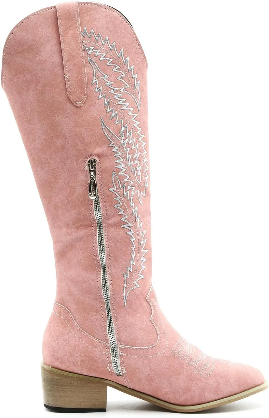 Hbeylia Knee High Western Cowboy Cowgirls Boots For Women Vintage Retro Pointed Toe Chunky Mid Heels Wide Calf Boots With Side Zipper Pink Knight Riding Tall Boots Winter Dress Shoes