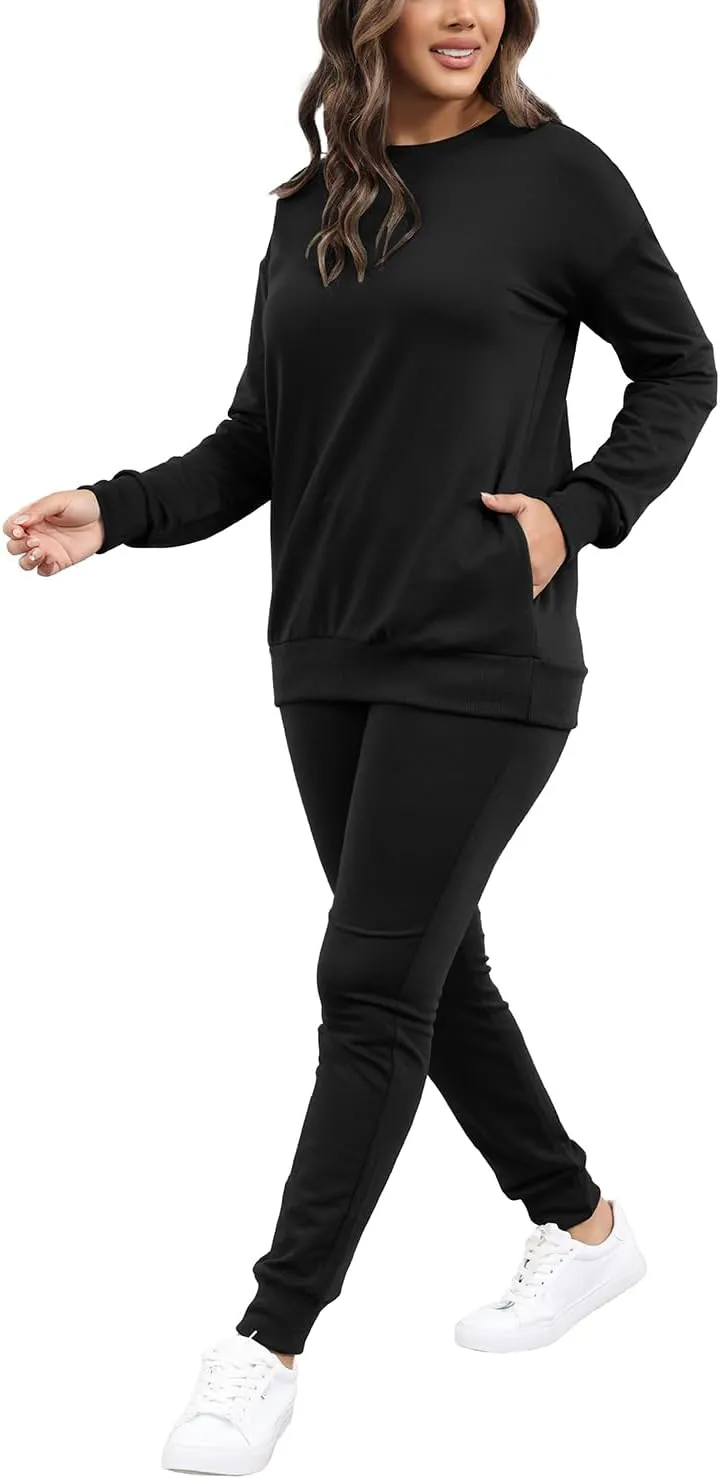 HBQ Two Piece Outfits For Women Casual Long Sleeve Sweatsuits Jogger Tracksuits Lounge Sets With Pockets