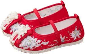 Hcclijo Floral Children Pearl Shoes Flats Ancient Round Toe Kids Traditional Hanfu Oriental EmbroidePhoenix Poeny