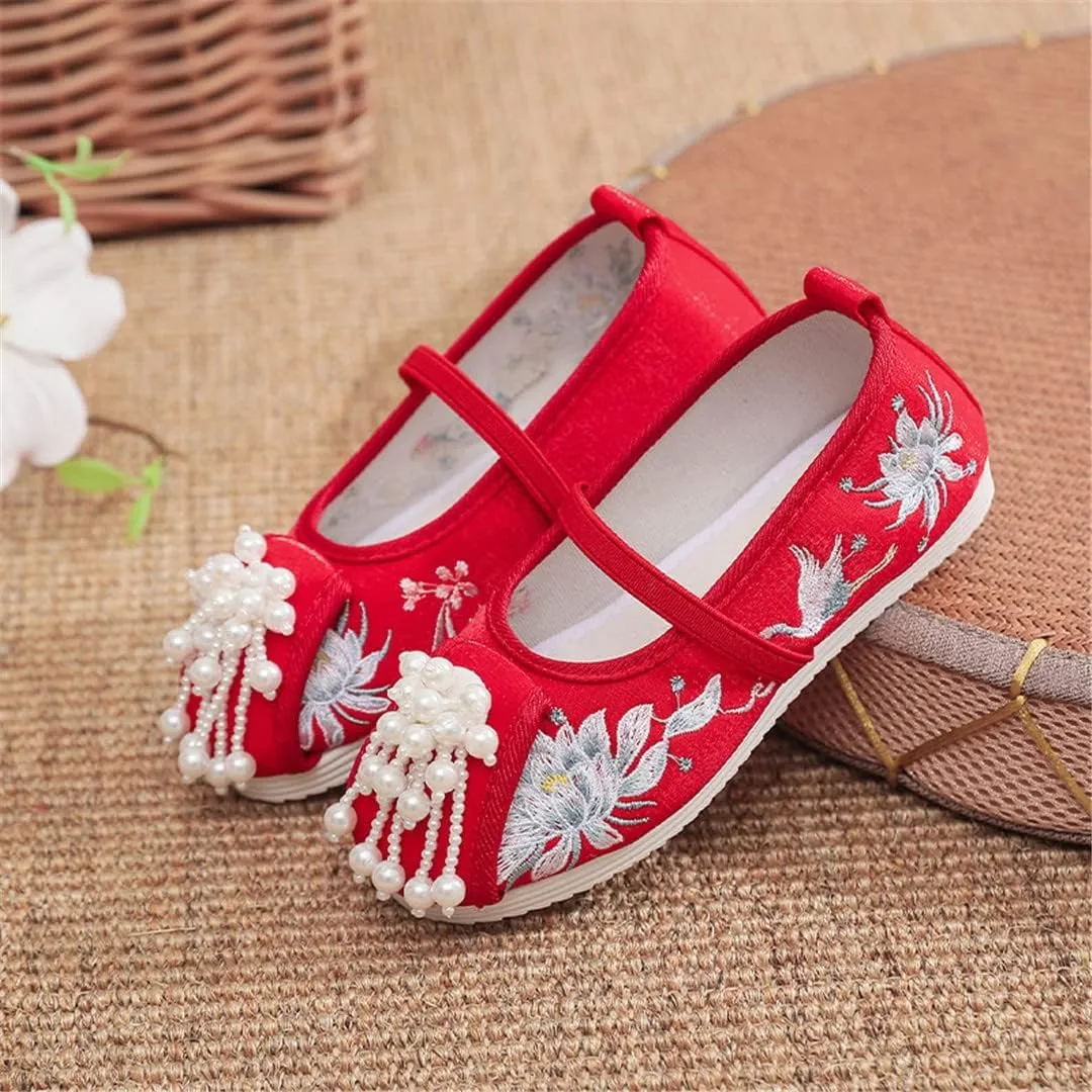 Hcclijo Floral Children Pearl Shoes Flats Ancient Round Toe Kids Traditional Hanfu Oriental EmbroidePhoenix Poeny