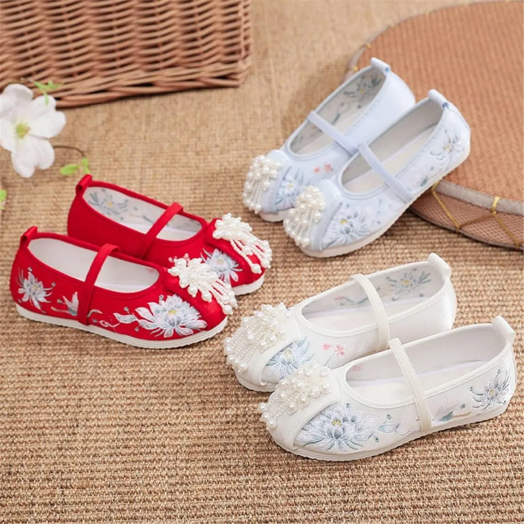 Hcclijo Floral Children Pearl Shoes Flats Ancient Round Toe Kids Traditional Hanfu Oriental EmbroidePhoenix Poeny