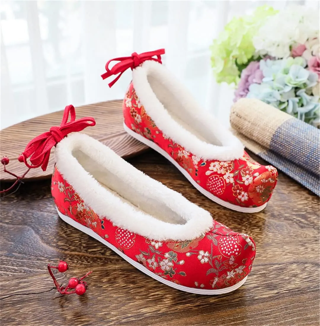 Hcclijo Traditional Chinese Hanfu Shoes Ancient Women Flats Winter Warm Ankel Bandage Oriental Lolita Girl Floral Satin