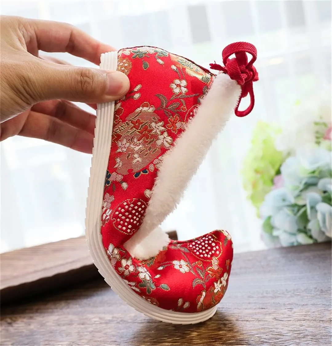 Hcclijo Traditional Chinese Hanfu Shoes Ancient Women Flats Winter Warm Ankel Bandage Oriental Lolita Girl Floral Satin