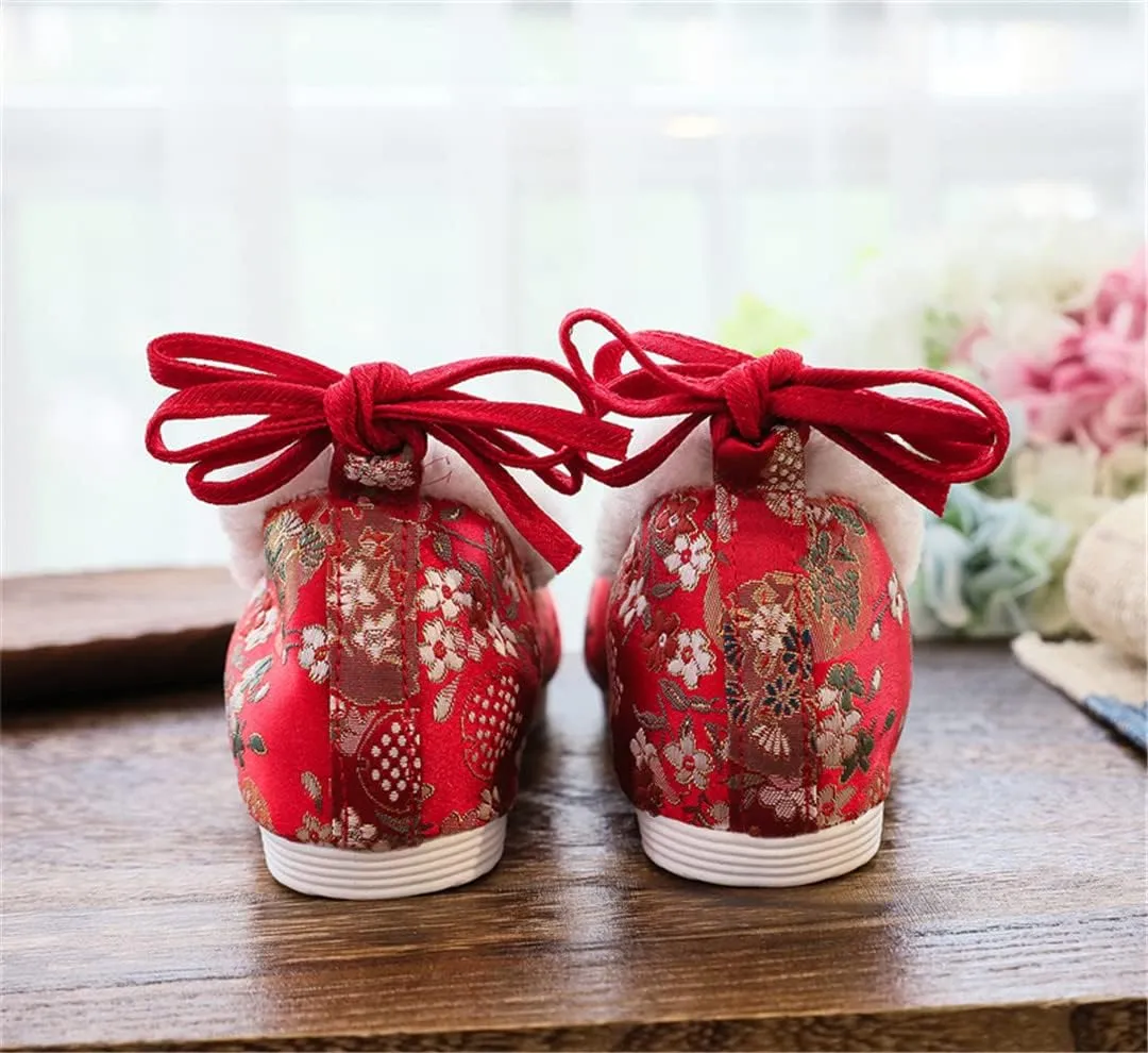 Hcclijo Traditional Chinese Hanfu Shoes Ancient Women Flats Winter Warm Ankel Bandage Oriental Lolita Girl Floral Satin