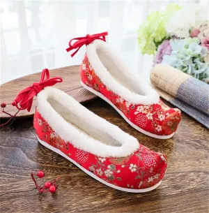 Hcclijo Traditional Chinese Hanfu Shoes Ancient Women Flats Winter Warm Ankel Bandage Oriental Lolita Girl Floral Satin