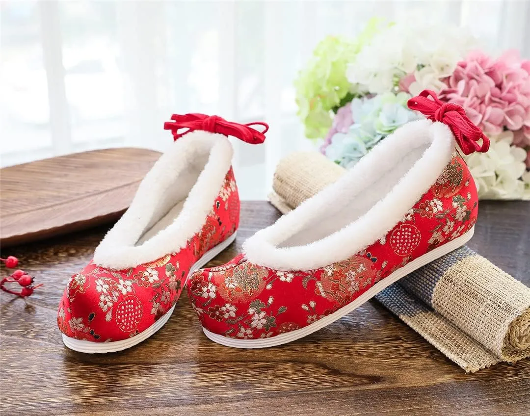 Hcclijo Traditional Chinese Hanfu Shoes Ancient Women Flats Winter Warm Ankel Bandage Oriental Lolita Girl Floral Satin