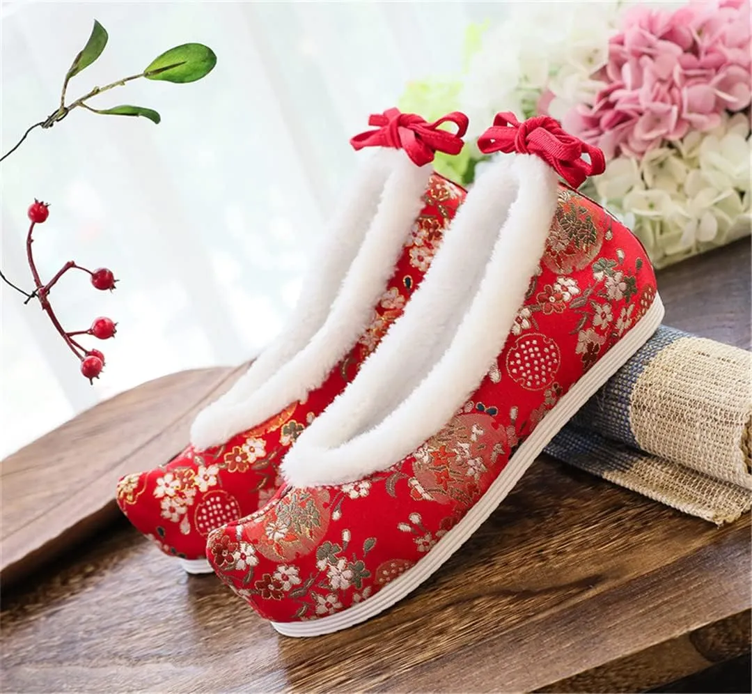 Hcclijo Traditional Chinese Hanfu Shoes Ancient Women Flats Winter Warm Ankel Bandage Oriental Lolita Girl Floral Satin