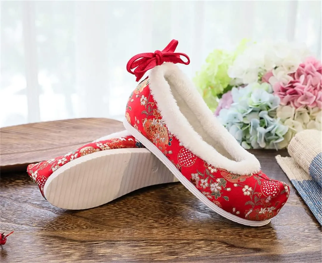 Hcclijo Traditional Chinese Hanfu Shoes Ancient Women Flats Winter Warm Ankel Bandage Oriental Lolita Girl Floral Satin