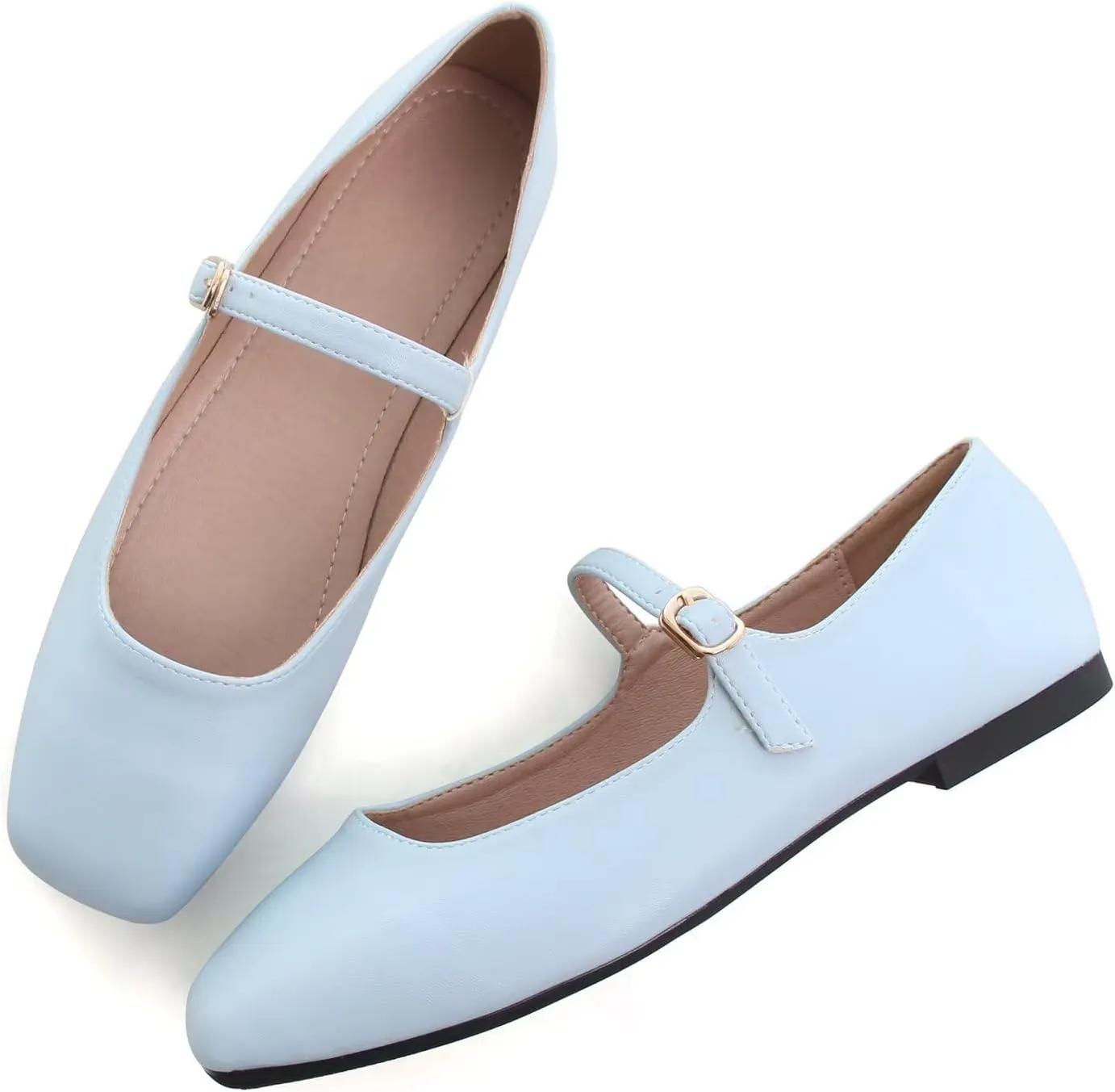 Hee grand Leather Mary Jane Shoes for Women Dressy Square Toe Ballet Flats with Strap Comfortable Walking Shoes Soft Leather Dress Shoes