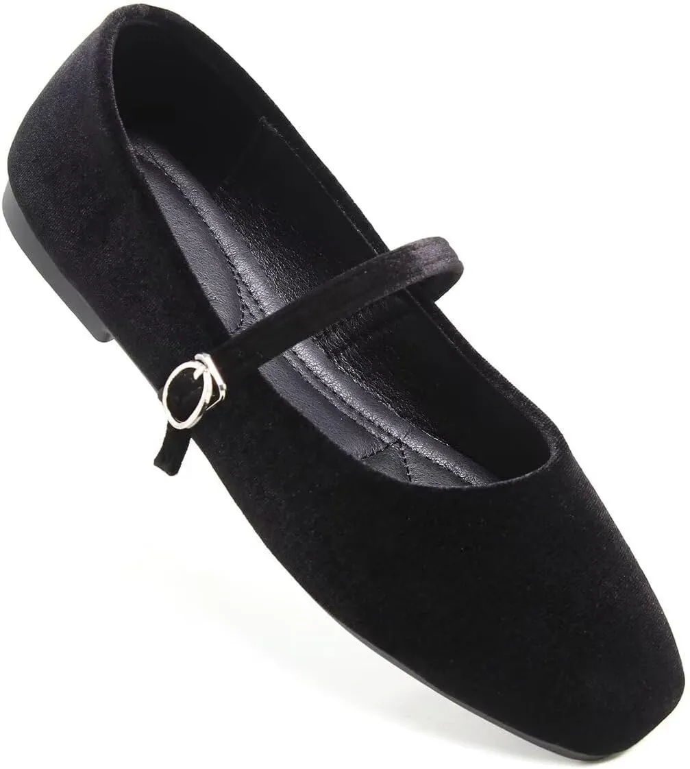 Hee grand Velvet Mary Jane Flats for Women Dressy Comfortable Square Toe Ballet Flats with Buckle Strap Retro Mary Jane Shoes