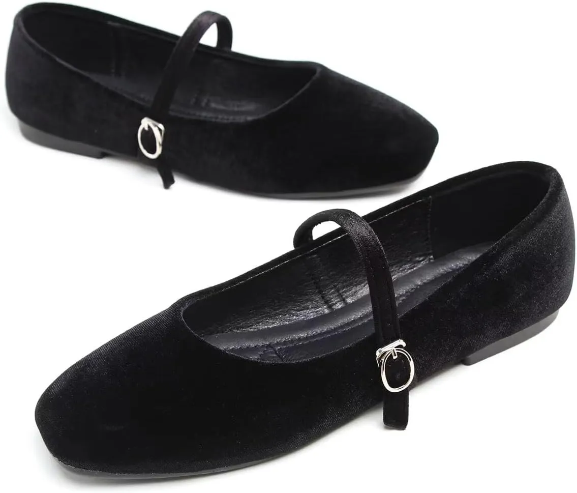 Hee grand Velvet Mary Jane Flats for Women Dressy Comfortable Square Toe Ballet Flats with Buckle Strap Retro Mary Jane Shoes